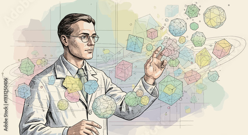 Scientist examining molecular structures in lab coat.