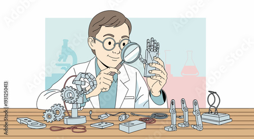 Scientist Examining Mechanical Parts with Magnifying Glass.