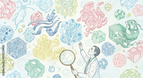 Man Examining Molecules with Magnifying Glass.