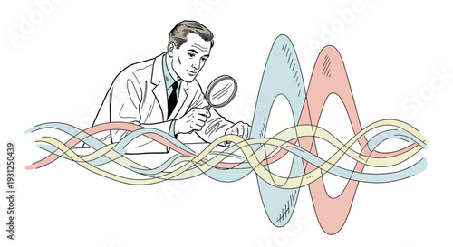 Scientist Examining DNA Structure with Magnifying Glass.