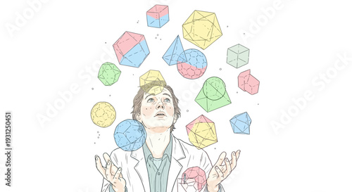 Woman Juggles Colored Geometric Shapes.