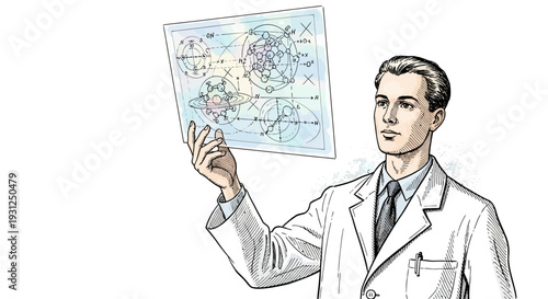 Man in Lab Coat Holding Map Diagram.