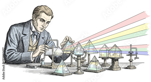 Man Examining Prism Experiment with Light Refraction.