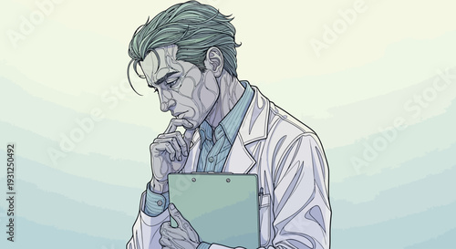 Doctor in White Coat Holding Clipboard Thoughtfully.