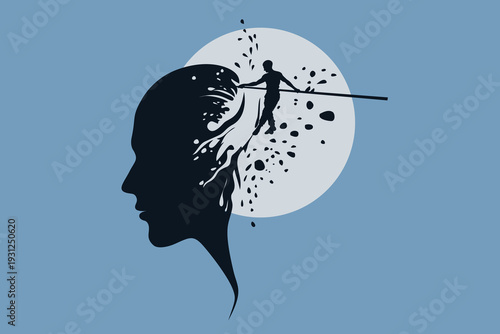 Tightrope Walker Balancing in Head Silhouette: Mind Balance, Trauma Freedom, Growth Progress