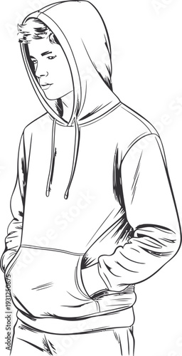 Sketch of a young man wearing a hooded sweatshirt looking downwards