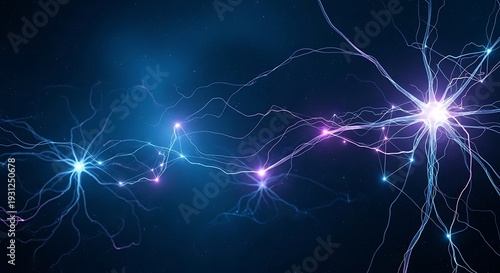 Deep blue digital neurons with glowing synapses and connecting fiber optic lines for artificial neural networks tech
