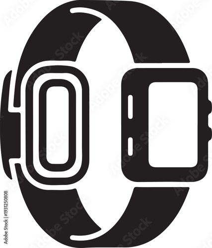 Smart wearable technology icon set, health monitoring devices, fitness tracker, smartwatch, biometric sensor symbols, black silhouette vector illustration