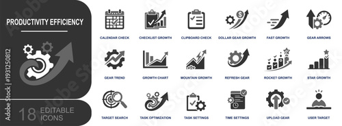 Productivity efficiency icon set. Containing calendar check, checklist growth, fast growth, gear trend, target search, task optimization, time settings, refresh, upload and more. Solid vector icons.