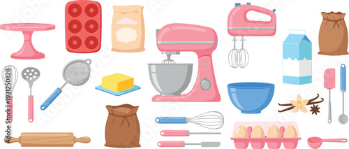Baking utensils and ingredients set including mixer eggs flour and butter isolated on white background vector illustration