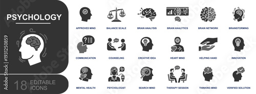 Psychology icon set. Containing mental health, counseling, therapy, psychologist, brain analysis, communication, empathy, creative ideas, mindfulness and more. Solid vector icons collection.