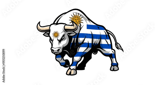 Powerful bull with Argentine flag design charging forward