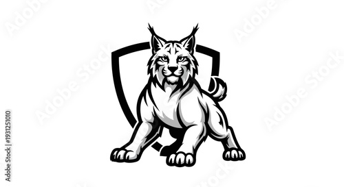 Muscular lynx with fierce expression in front of shield