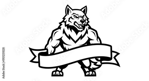 Aggressive wolf mascot holding banner ribbon