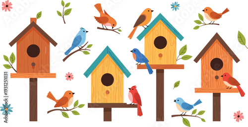 Colorful Birdhouses with Cute Garden Birds and Spring Flowers Nature Vector Illustration Collection
