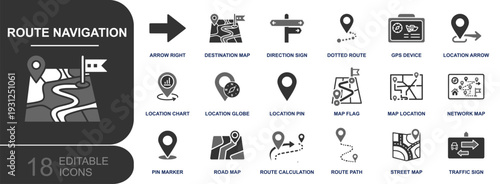 Route navigation icon set. Containing GPS device, location pin, destination map, direction sign, route path, road map, traffic sign, dotted route and more. Solid vector icons collection.