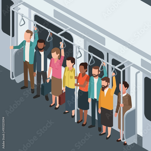 Diverse group of people commuting on a crowded train.