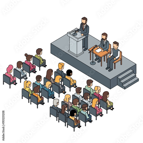 Isometric illustration of a conference or meeting with people seated and a speaker at a podium.