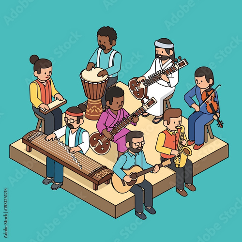 Diverse group of musicians playing various traditional and modern instruments together on stage.