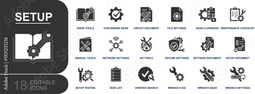 Setup icon set. Containing book tools, manual tools, wrench gear, file settings, network settings, secure settings, maintenance checklist, task list, setup testing and more. Solid vector icons collect