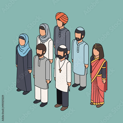 Diverse group of people from different cultures and religions standing together.