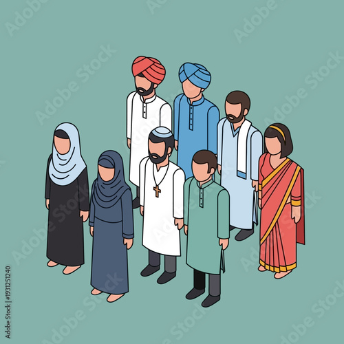 Diverse group of people in traditional clothing from various cultures.