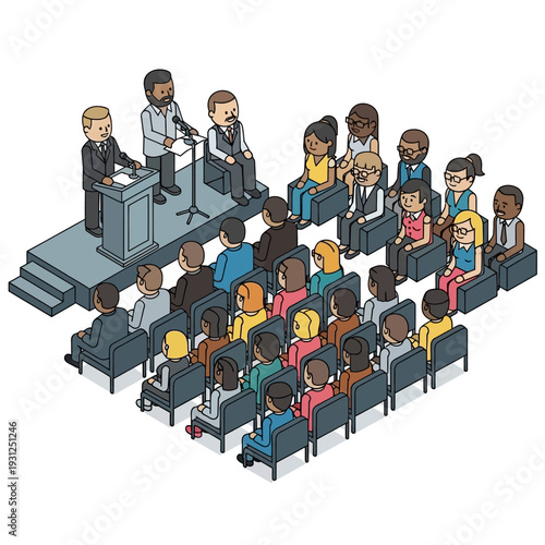Diverse group of people attending a presentation in a conference hall.