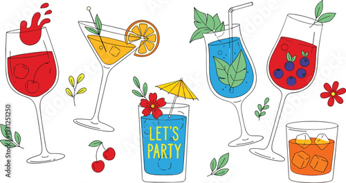 Colorful Cocktail and Party Drinks Set with Wine Glasses Citrus Garnish and Let’s Party Celebration Vector Illustration