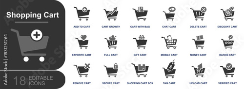 Shopping cart icon set. Containing add to cart, delete cart, discount cart, gift cart, secure cart, mobile cart, tag cart, full cart, verified cart and more. Solid vector icons collection.