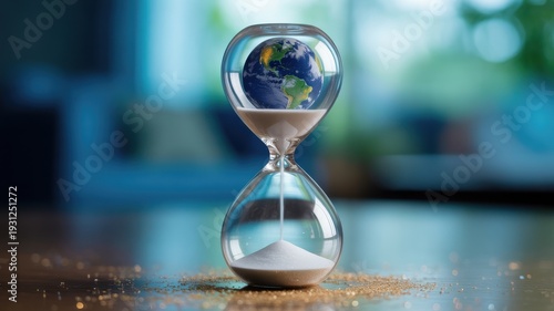 Conceptual image of planet Earth in an hourglass running out of time on blurred background