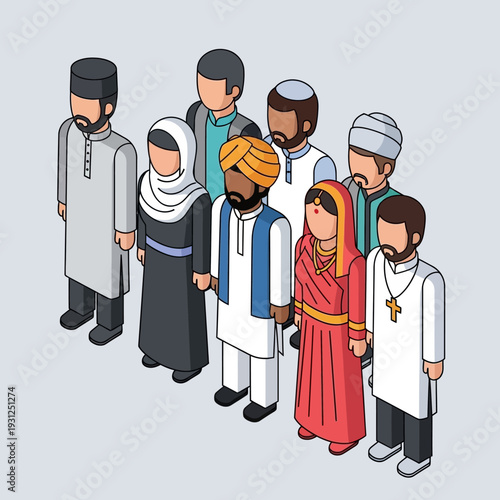 Diverse group of people from different cultures and religions standing together.