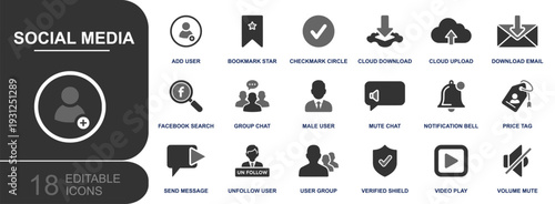 Social media icon set. Containing add user, group chat, send message, mute chat, bell alert, cloud upload, cloud download, bookmark, verified shield and more. Solid vector icons collection.