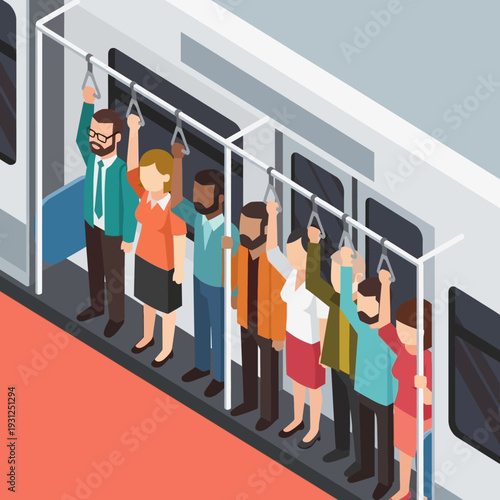Diverse group of people holding handrails on a crowded train.