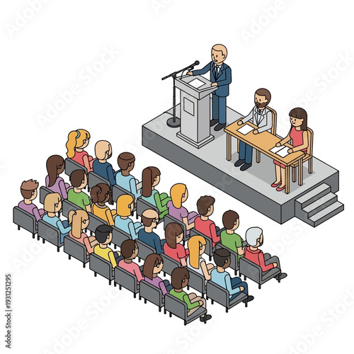Illustration of a conference or meeting with a speaker and audience.