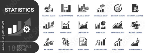 Statistics icon set. Containing analytics search, bar chart, line graph, calendar chart, report analytics, growth, KPI, metrics, pie data and more. Solid fill vector icons collection.