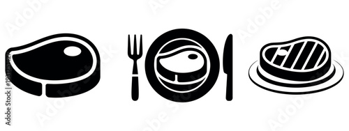 Beef Steak and Meat Icon Set with Grilled BBQ and Restaurant Menu Symbols Vector Illustration.