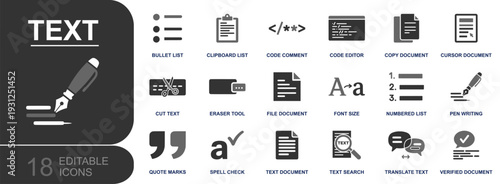 Text editing icon set. Containing bullet list, numbered list, clipboard, code editor, comment, copy file, cursor document, cut, eraser, font size, spell check and more. Solid fill vector icons collect