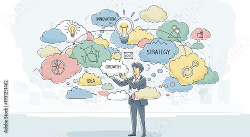 Businessman with Thought Bubbles and Icons.