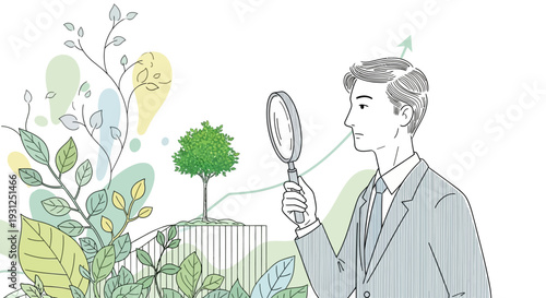 Man Examining Plant with Magnifying Glass.