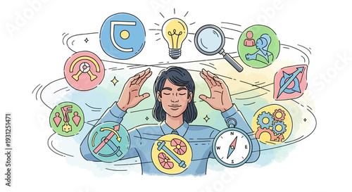 Woman Surrounded by Creative Icons and Symbols.