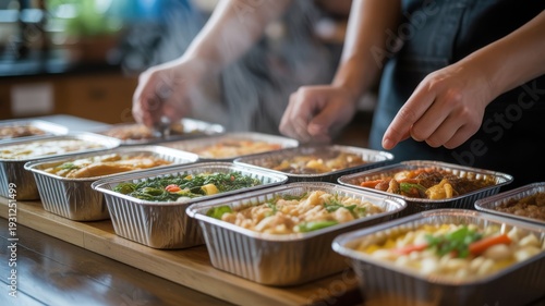 Ready to eat hot meals in aluminum foil containers for delivery or catering service