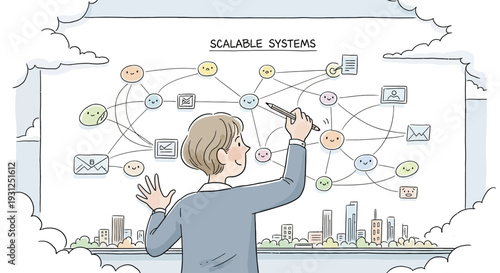 Man drawing scalable system diagram on glass.