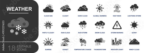 Weather icon set. Containing sunny, cloudy, rain, storm, thunder, snow, wind, heat wave, sunrise, sunset, temperature change, warning, climate and more. Solid fill vector icons collection.