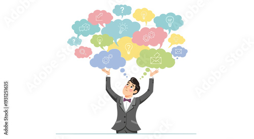 Man in Suit with Colorful Thought Bubbles.