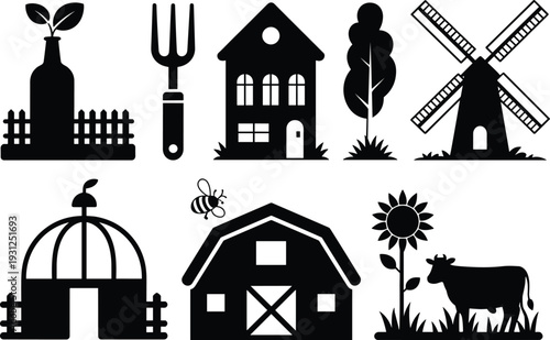 Farm silhouette icon set house barn windmill cow greenhouse tools tree fence agriculture vector illustration collection