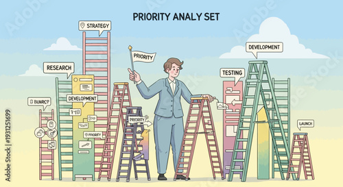 Businessman analyzing priority list with ladders.