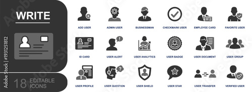User management icon set. Containing add user, admin, ID, user alert, analytics, profile, badge, document, group, transfer, shield, verified and more. Solid fill vector icons collection.