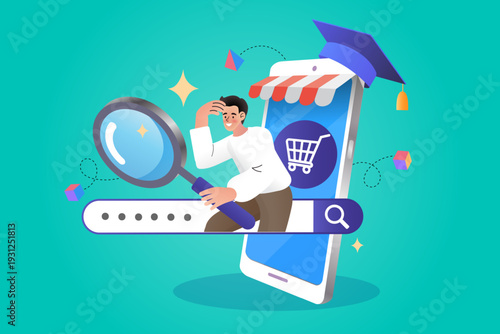 Student using smartphone and magnifying glass to find online courses and academic degrees