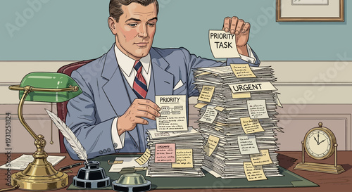 Man Overwhelmed by Stack of Documents.