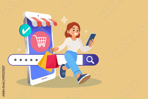 Female character enjoying mobile retail experience with magnifying glass and check mark icons. Modern vector for e-commerce marketplace product discovery and online store promotion concepts